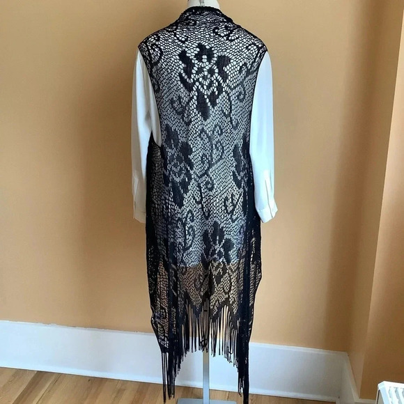 CREAM Black Mesh Fringed Lace Coverup OS - Picture 4 of 15